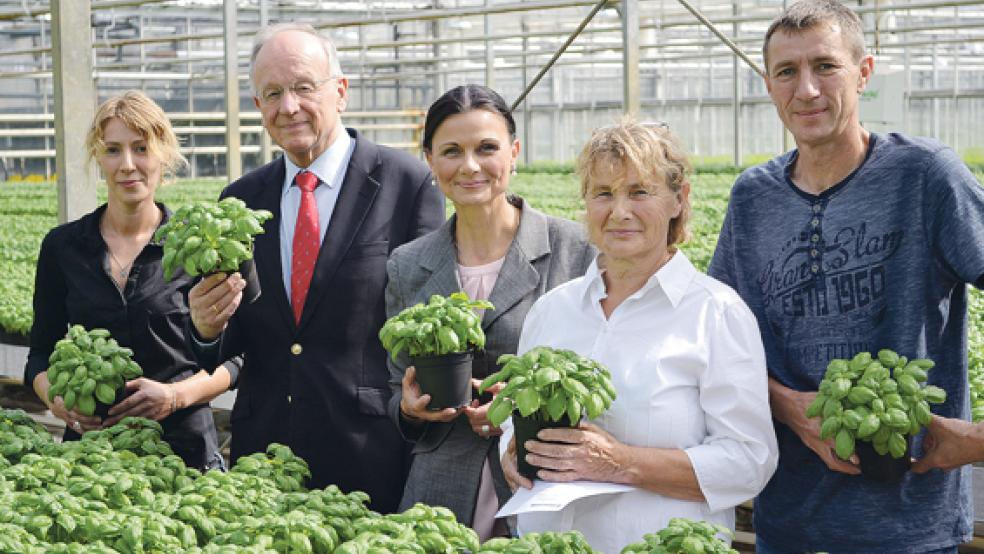 Christel Rogge (2. von rechts) betreibt mit ihren Kindern Steffi (links) und Marcus (rechts) einen Gartenbaubetrieb in Völlen. Die CDU-Bundestagsabgeordnete Gitta Connemann und der Staatssekretär im Landwirtschaftsministerium, Dr. Hermann Onko Aeikens, schauten sich am Freitagvormittag das Unternehmen an. © Foto: Zein