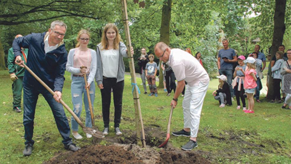Zwei Bergahorne setzten Helmut Geuken und Vesa Lakaniemi (rechts) gestern im Stadtgarten als Symbol der Freundschaft in die vorbereiteten Löcher. Zahlreiche Gäste kamen zur Pflanzaktion, bei der auch Vilma-Liisa (links) aus Eurajoki und Emma aus Weener halfen. © Foto: Kuper