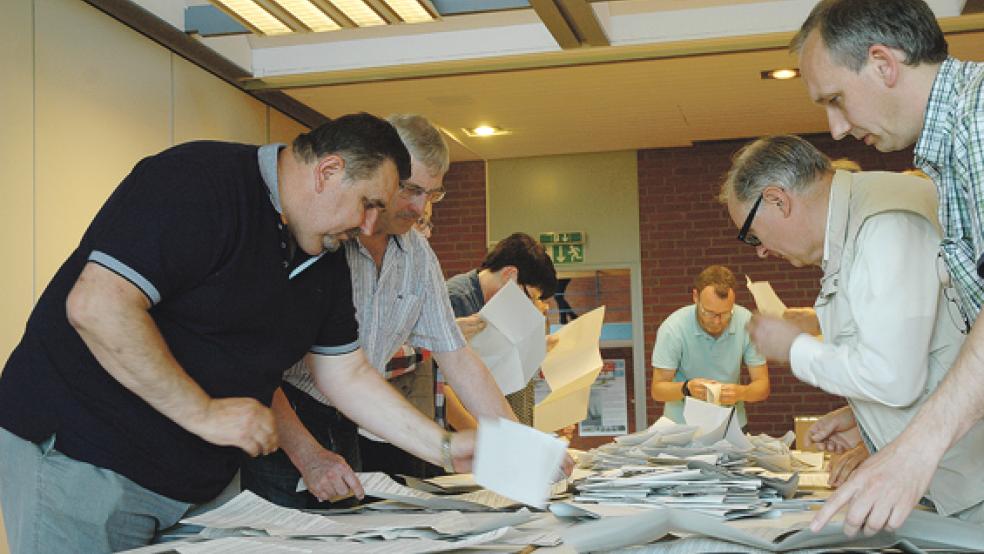 Viele helfende Hände sind nötig, um eine Wahl zu organisieren und gesetzeskonform abzuwickeln. Unser Bild entstand im Rathaus der Gemeinde Jemgum bei der Auswertung der Stimmzettel der Landrats-, Bürgermeister- und Europawahl am 25. Mai 2014. © Foto: Szyska