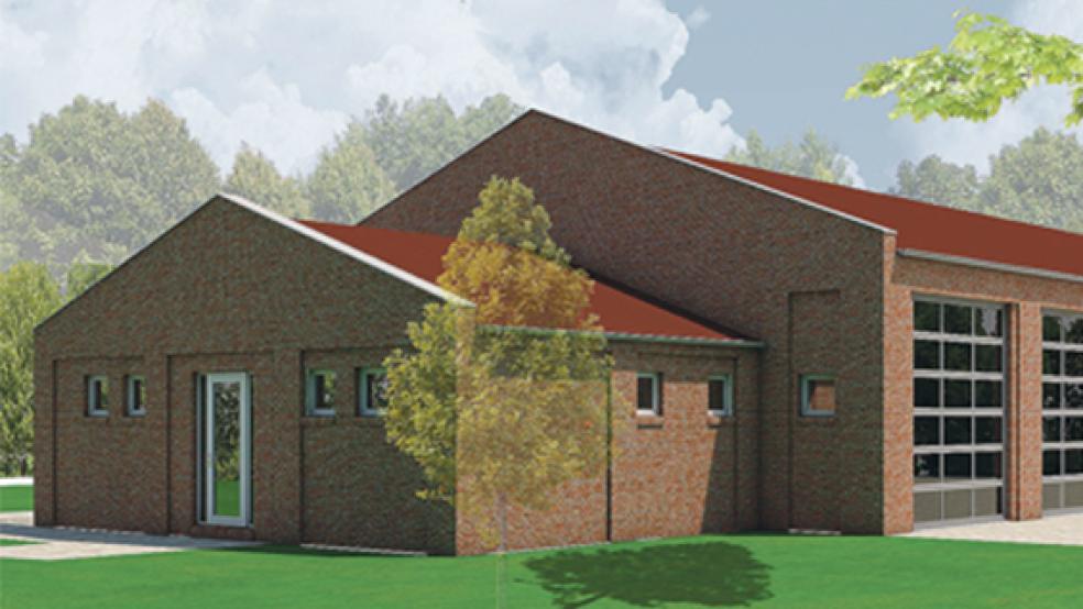 Für den Anbau eines Sanitärtraktes (im Vordergrund) für den benachbarten Wohnmobilstellplatz und für die Mitnutzung des Feuerwehrhauses als Dorfgemeinschaftsanlage werden Fördermittel im Rahmen der Dorferneuerung erwartet. Die Höhe des Förderbetrags ist allerdings noch nicht bekannt. © Grafik: Architekturbüro Woltermann (Weener)