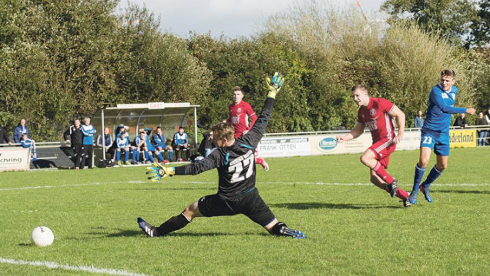 Moment der Hoffnung: Eike Schmidt überwindet Emdens Torhüter Siegfried John zum 1:1-Ausgleich. Am Ende mussten sich die Bunder Kickers Emden deutlich mit 2:6 geschlagen geben und schieden aus dem Bezirkspokal aus. © Fotos: Bruins