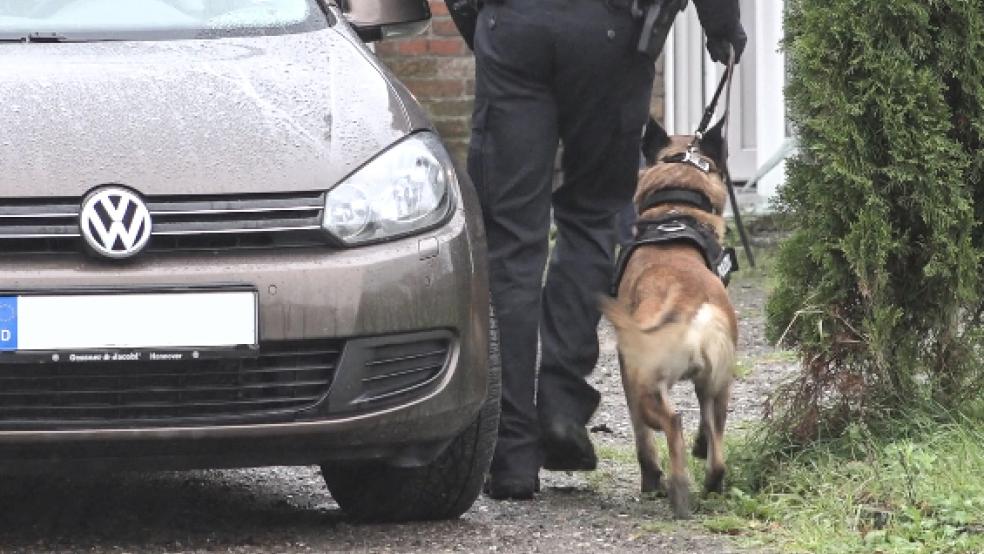 Mit massivem Polizeieinsatz sind am Morgen im Rheiderland mehrere Gebäude durchsucht worden. Dabei kamen auch Polizeihunde zum Einsatz. © Klemmer