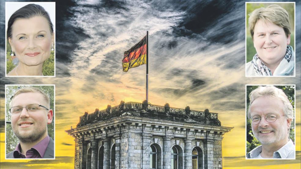 Dunkle Wolken über dem Reichstag in Berlin: Während die CDU-Bundestagsabgeordnete Gitta Connemann (oben links) an die Regierungsverantwortung appelliert, spricht sich die SPD-Landtagsabgeordnete Johanne Modder (oben rechts) für Neuwahlen aus. Der FDP-Kreisvorsitzende Jens Völker (unten links) verteidigt den Abbruch der Sondierungsgespräche, der Grünen-Kreisvorsitzende Lutz Drewniok (unten rechts) betont die Kompromissbereitschaft seiner Partei. © Fotos: Pixabay, RZ-Archiv