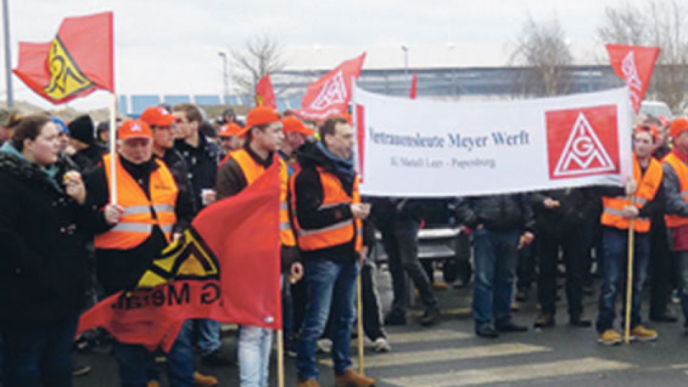 Auf der Meyer Werft in Papenburg legten heute Vormittag rund 1500 Gewerkschafter ihre Arbeit vorübergehend nieder. © Foto: IG Metall