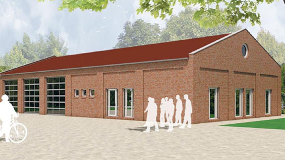 So soll das Mehrzweckgebäude am Ortseingang neben dem Wohnmobilstellplatz in Ditzum aussehen. Es wird aus einer Dorfgemeinschaftsanlage, dem neuen Feuerwehrhaus und einem Anbau mit einem öffentlichen Sanitärtrakt bestehen. © Grafik: Architekturbüro Woltermann