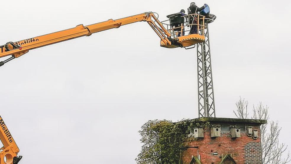 Das Storchennest auf dem ehemaligen Transformatorenhaus am Deich in Jemgum wurde gestern wieder auf Vordermann gebracht. Das Unternehmen »astora« war mit einem Kran vor Ort.  © Foto: Gemeinde Jemgum