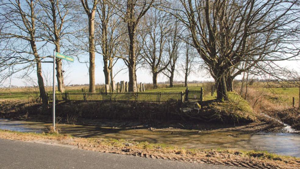 Der jüdische Friedhof in Jemgum ist schon seit zwei Jahren nur noch über den Speckfenneweg zu erreichen. Wann wieder eine Fußgängerbrücke über das Sieltief am Dukelweg errichtet wird, ist derzeit nicht abzusehen. © Foto: Kuper