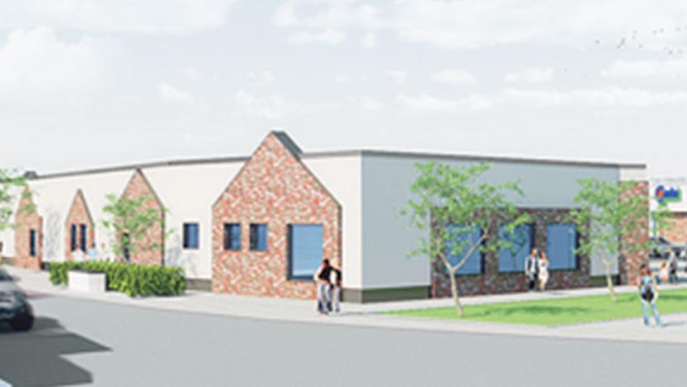 Im ersten Bauabschnitt soll ab dem Herbst dieser Komplex entstehen, in den die Filiale der Oldenburgischen Landesbank (OLB) umziehen soll. Außerdem ist darin ein Drogeriemarkt vorgesehen. © Grafik: Beyer + Freitag & Zeh Projektentwicklungsgesellschaft mbH