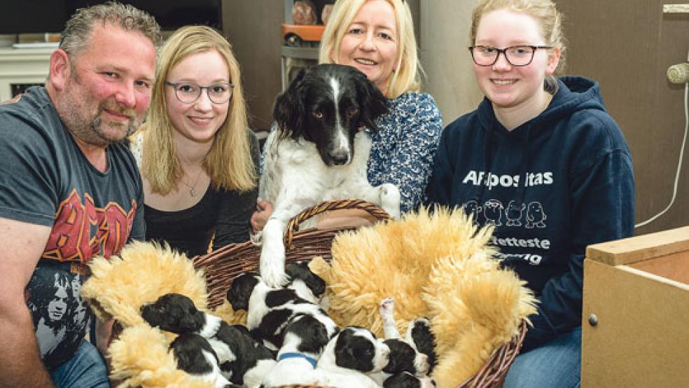 Familienglück: Heinrich, Anna, Manuela und Lena Oorlog (von links) mit Hunde-Mama Debbie und den Welpen. © Foto: Bruins