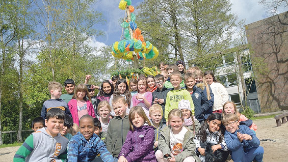 Die Grundschüler in Bunde sind stolz auf ihren wetterfesten Maibaum auf dem Schulhof. © Foto: Himstedt