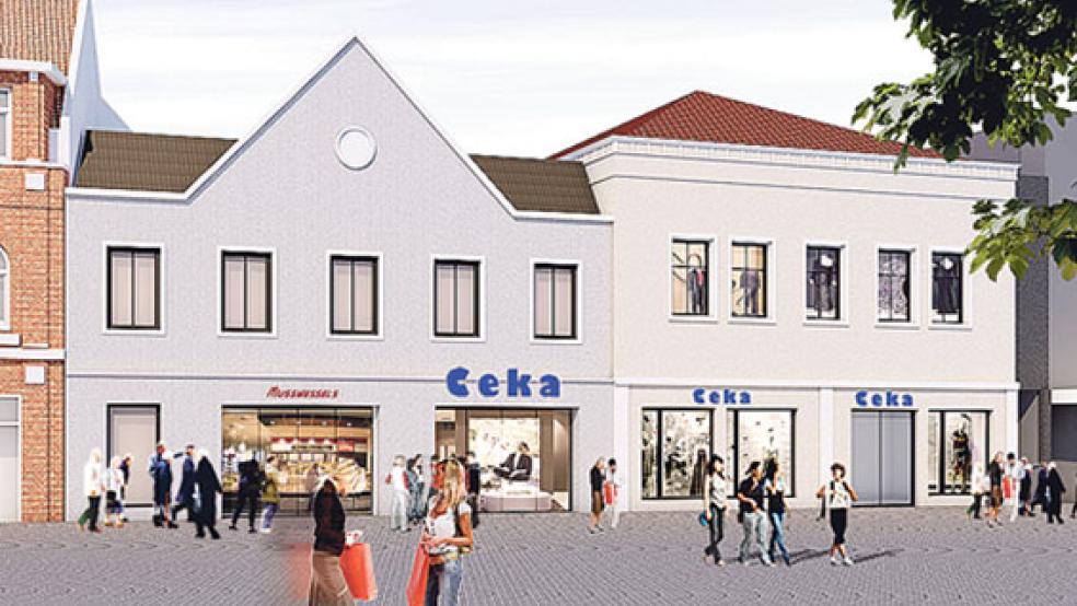 Die Fassade des Kaufhauses Ceka wird nach historischem Vorbild umgestaltet. Die Arbeiten haben bereits begonnen. Ein Teil der Kleinteiligkeit, wie sie früher dem Stadtbild in Leer entsprach, soll wieder aufleben. Zudem wird der Haupteingang verlegt. © Grafik: OFK Architekten