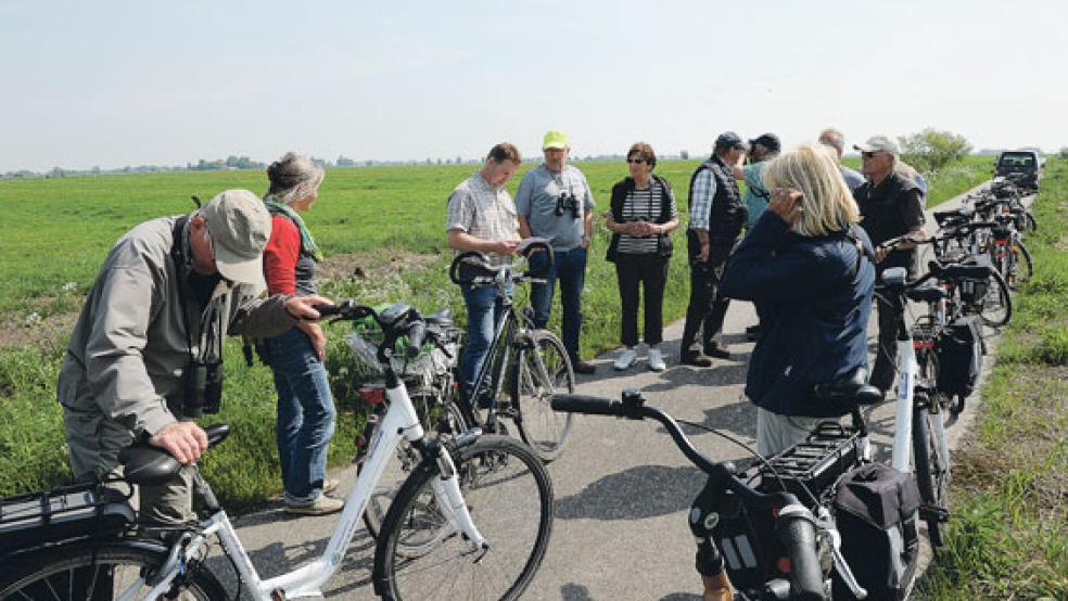 Gäste vom Naturschutzbund Neuenkirchen lernten jetzt das Rheiderland kennen. Unser Foto zeigt die Gruppe mit Landwirt Klaus Borde (Dritter von links) im Hammrich bei Oldendorp. © Foto: Uli Antons