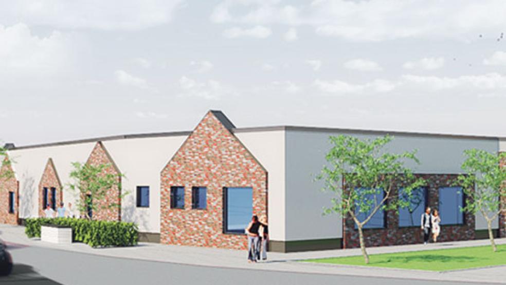 Viel heller Putz, dazu gestaltete Wandscheiben mit Klinker-Elementen. Für diese Variante der Außenfassade des geplanten neuen Textilmarktes bei Combi in Weener hat sich jetzt der Verwaltungsausschuss entschieden. © Graphik: Beyer + Freitag + Zeh