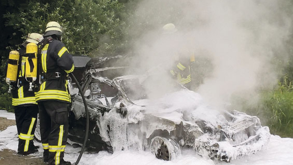 Mit Wasser und Schaum löschte die Feuerwehr einen brennenden Alfa Romeo Spider. © Foto: Feuerwehr (Rand)