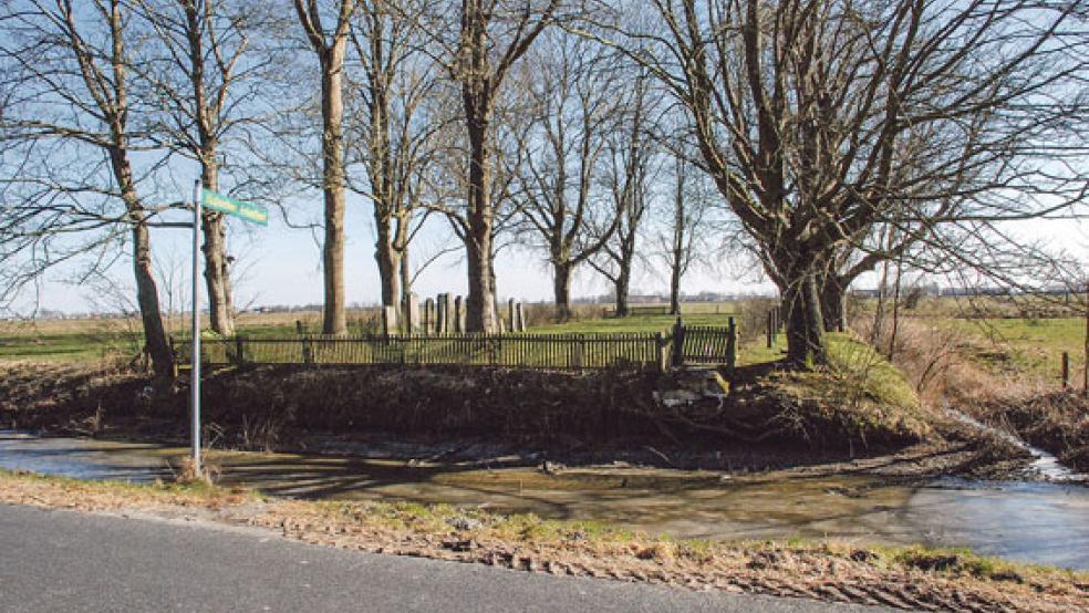 Der jüdische Friedhof in Jemgum ist seit Frühjahr 2016 nur noch über den Speckfenneweg zu erreichen. Damals wurde die provisorische Fußgängerbrücke über das Sieltief am Dukelweg aus haftungsrechtlichen Gründen entfernt. © Archivfoto: Kuper