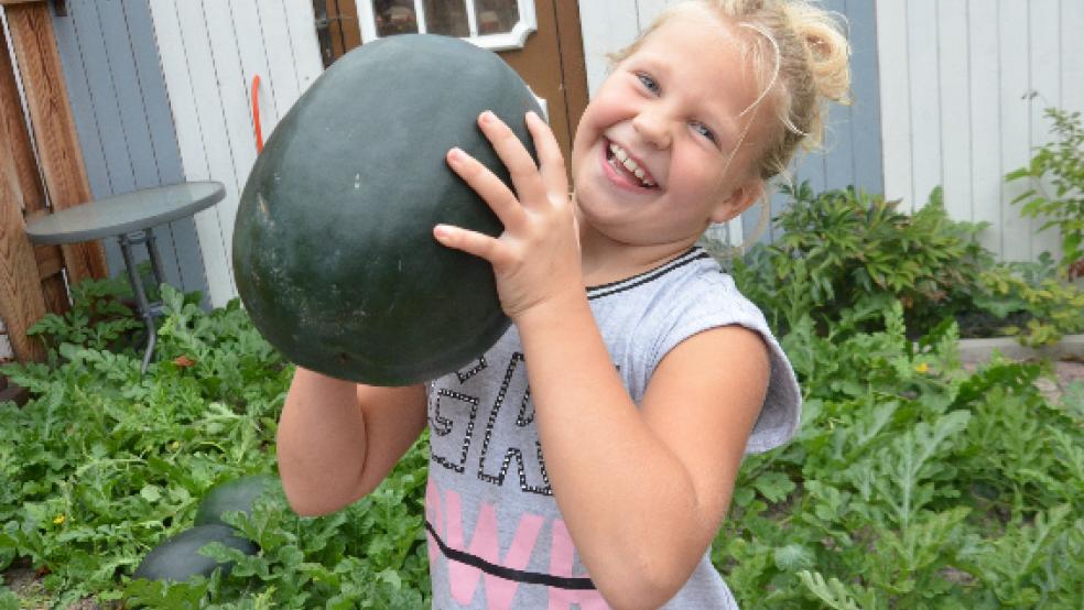Die erste ihrer selbstgezüchteten Melonen testete Fenja nun mit ihren Eltern. © Muising