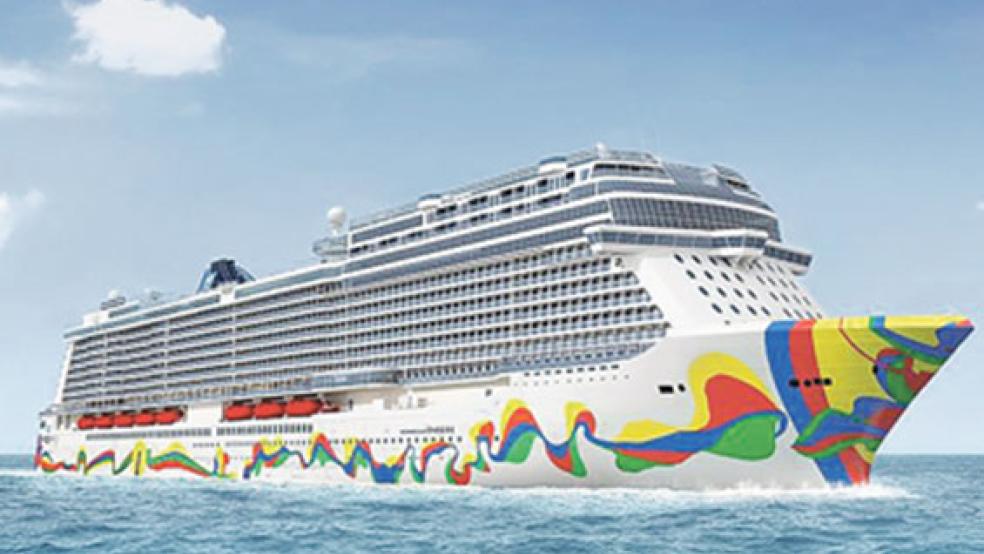 Vom spanischen Künstler Eduardo Arranz-Bravo wird der Rumpf des Kreuzfahrtschiffes »Norwegian Encore« gestaltet. Es soll im Herbst 2019 von der Papenburger Meyer Werft an die US-Reederei NCL abgeliefert werden. © Grafik: Norwegian Cruise Line