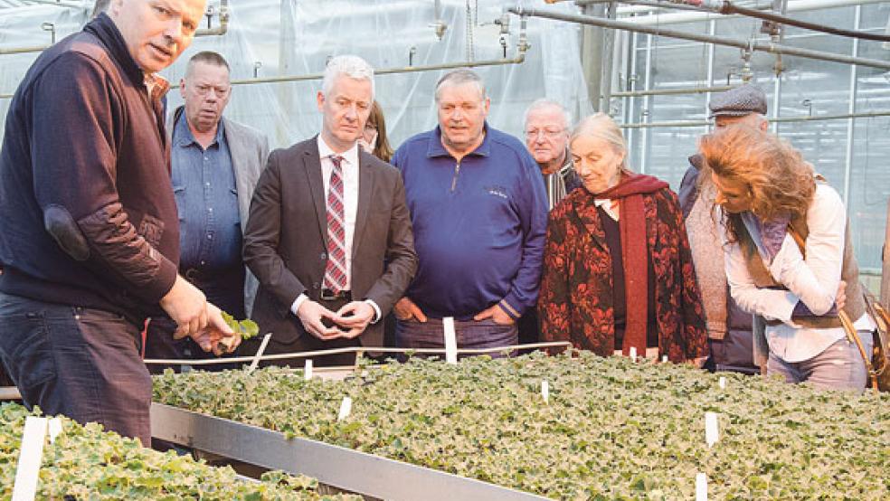Blick in das grüne Herz: Firmenchef Frank Silze (links) erläuterte dem Ausschuss die Produktion. Neben ihm: (von links) Helmut Plöger (SPD), Landrat Matthias Groote, Karl Heye Martens (AWG), Gerrit Dreesmann (SPD), Ursula Stevens-Kimpel (Moin/Die Linke) und Beate Stammwitz (SFGB).  © Fotos: Hanken