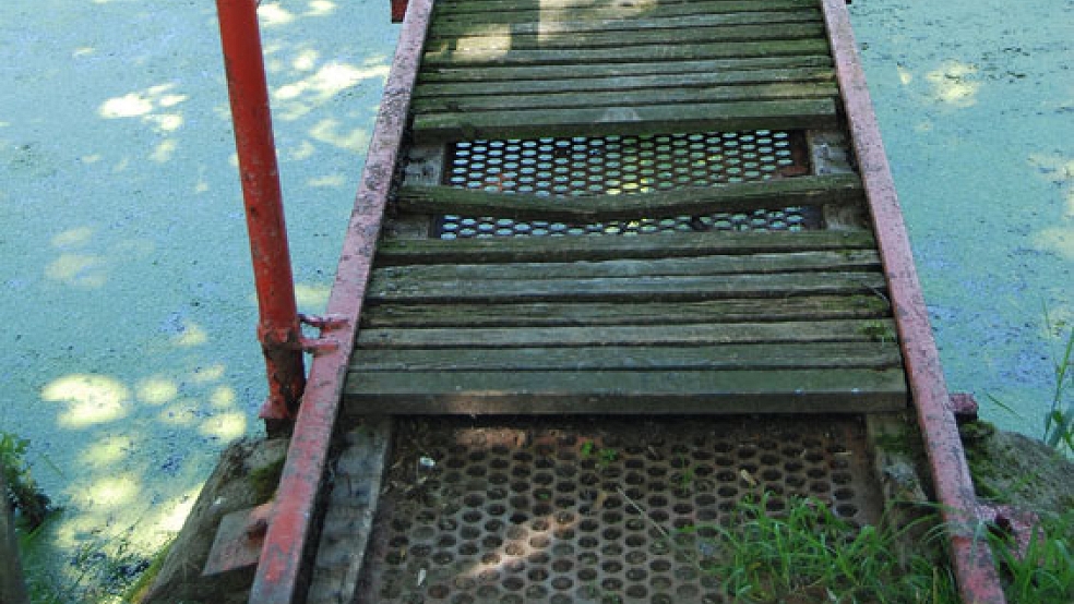 Anhand dieses RZ-Fotos machte Bürgermeister Heikens deutlich, weshalb die alte Brücke ein Sicherheitsrisiko darstellte und daraufhin im Frühjahr 2016 gesperrt und später entfernt werden musste. © Foto: Hoegen