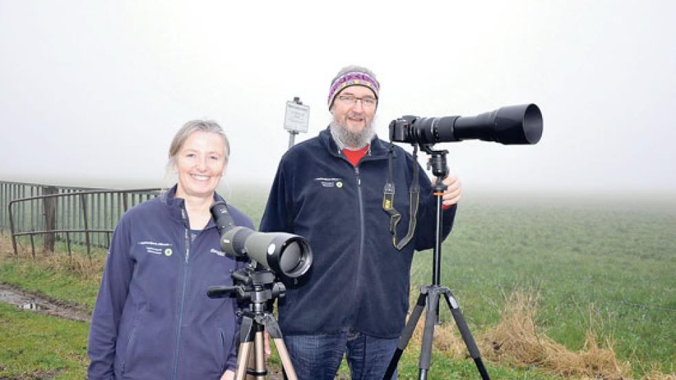 Agnes Ratering und Edzard Busemann von der Ortsgruppe Rheiderland des Naturschutzbundes (Nabu) laden wieder zu Exkursionen mit interessanten Einblicken in das Leben der Wildgänse und anderer Zugvögel ein. © Archivfoto: Boelmann