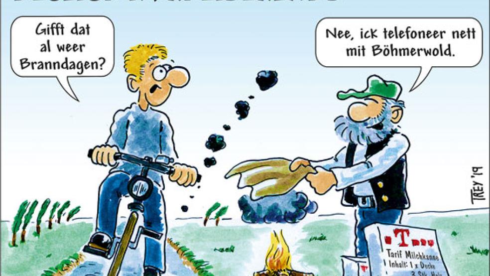 Die »Telefon-Affäre« von Böhmerwold hat bei vielen RZ-Lesern am Wochenende fassungsloses Kopfschütteln ausgelöst. Wie berichtet, wird das Lohnunternehmen Gruis vom Telefonnetz abgekoppelt, weil die Telekom die analogen Anschlüsse abschalten will und für Böhmerwold keine Alternativen bieten kann. Wie solche Alternativen aussehen könnten, darüber hat sich RZ-Karikaturist Thomas Trey Gedanken gemacht und mit dem Tarif »Milchkanne« ein spezielles Angebot kreiert. © RZ-Karikatur: Thomas Trey