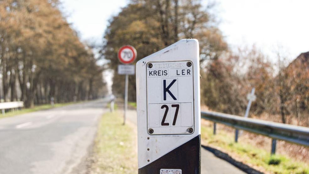 Rund zwei Kilometer lang ist die alte Kreisstraße 27 zwischen Diele und Vellage. Rechts von ihr verläuft ein Radweg, der dringend saniert werden muss. Verhandlungen zwischen der Stadt Weener und dem Landkreis Leer dazu laufen. © Foto: Hoegen