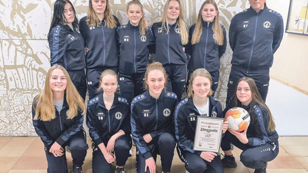 Strahlende Vizemeister: (hinten, von links) Rieke Modderman, Wenke Modderman, Maren Boekhoff, Sara Bollendonk, Nienke Steinfelder und Trainer Rikus Trey sowie (unten) Lorena Trey, Sandra Nagel, Deike Engberts, Svenja Krüger und Julia van Oostenrijk. Es fehlen: Verena Santjer und Mareile Frey.  © Foto: privat