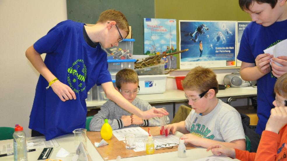 TGG-Schüler Ihno Geertsema aus Wymeer (links) erklärte den Grundschülern einen Versuchsaufbau.  © Foto: Boelmann