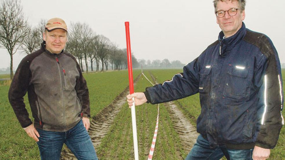Abgesteckt: Heinz Hoting (links) und Wilko de Boer zeigen anhand eines Flatterbands das Ausmaß der 35 Meter breiten Bautrasse zur Verlegung der Stromleitung. © Foto: Szyska