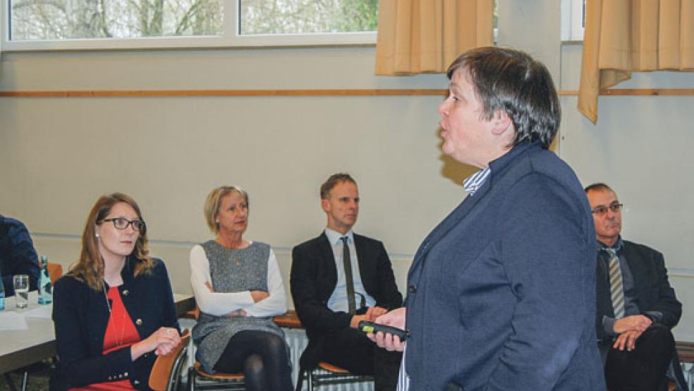 Christine Müller (rechts) vom Planungsbüro NWP bei ihrem Vortrag. Ihre Präsentation verfolgen (von links) Fachbereichsleiterin Xenia Nording, Stadtjugendpflegerin Angelika Janssen-Harms und der Erste Stadtrat Hermann Welp. © Foto: Hoegen