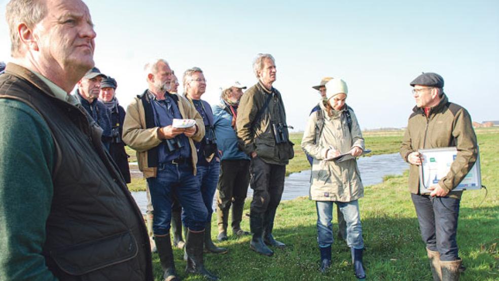 Heinrich Pegel (rechts) von der Naturschutzstation Ems führte die Exkursionsteilnehmer unter anderem nach Bunderhammrich, wo zuvor eine Wasseroptimierung abgeschlossen wurde, die günstige Brutbedingungen schaffen soll. © Foto: Haack (NLWKN)