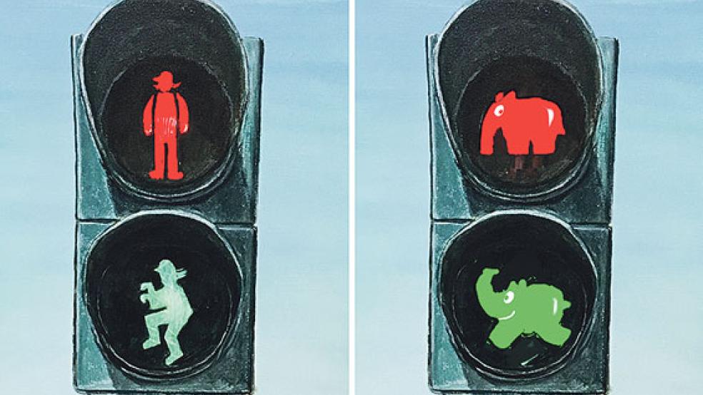 Das rote Lichtzeichen soll aus Sicherheitsgründen bleiben, das grüne einen hüpfenden Otto Waalkes zeigen. © Foto: dpa/Otto Waalkes