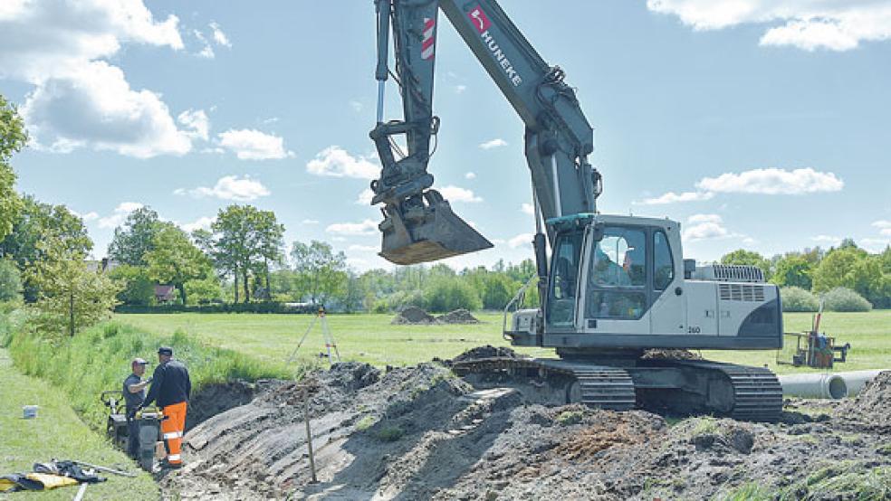 An der Jelsgaste in Tichelwarf ist seit Montag schweres Gerät im Einsatz. Um eine geregelte Entwässerung des geplanten Wohnbaugebietes zu gewährleisten, wird unter anderem ein Regenrückhaltebecken angelegt. © Foto: Hilbrands