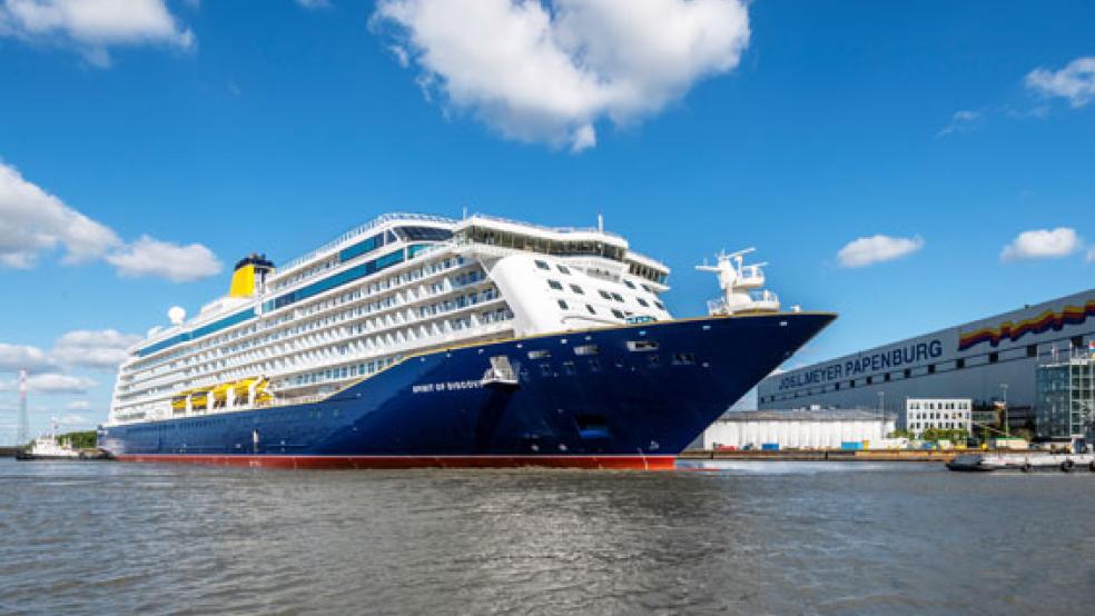 Am Sonntagabend ab 21 Uhr beginnen die ersten Manöver zur Emspassage der »Spirit of Discovery«. Schaulustige können also nach Schließung der Wahllokale für die Europa-Wahl das Spektakel bequem verfolgen. © Foto: Meyer Werft