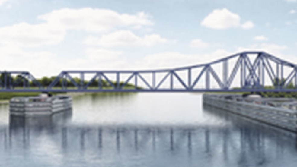 Diese Grafik zeigt die Friesenbrücke mit einem Drehsegment auf Weeneraner Emsseite (rechts), inzwischen ist der Mechanismus auf Ihrhover Seite geplant. © Foto: pb+ Ingenieurgruppe (Bremen)