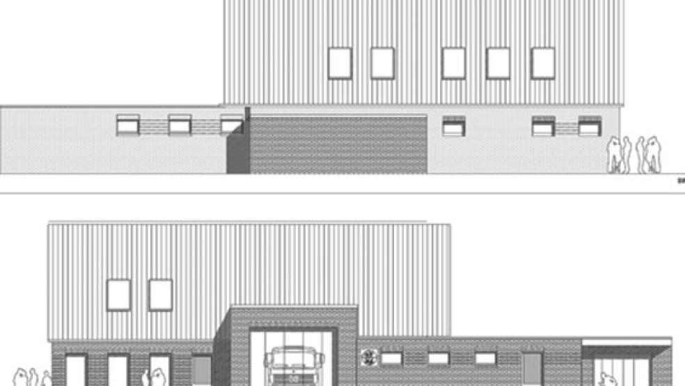 Die Grafik zeigt den geplanten Neubau mit der Dorfgemeinschaftsanlage und dem öffentlichen Sanitärbereich auf der linken Seite, in der Mitte dem Feuerwehrgerätehaus und rechts der Paddel  © Grafik: Kontur Planungsgesellschaft (Oldenburg)