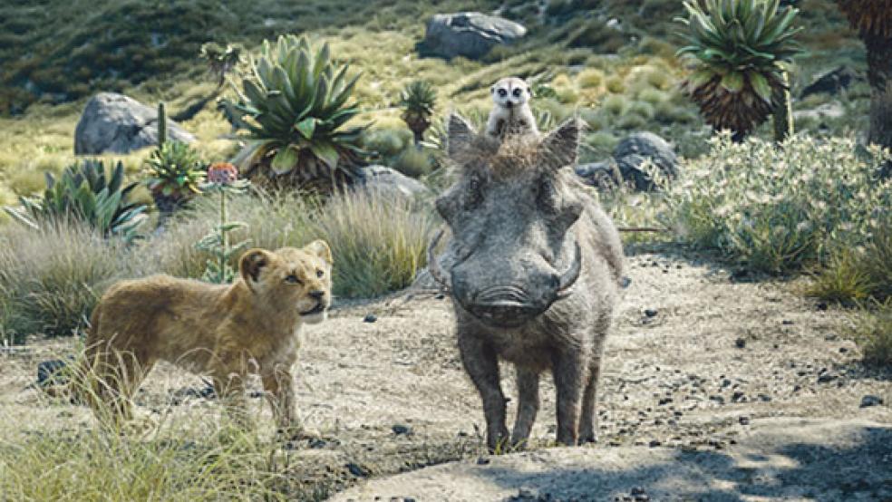 Ungewöhnliche Freunde: Der junge Löwe Simba mit dem quirligen Erdmännchen Timon und dem lebensfrohen Warzenschwein Pumbaa.  © Foto: Disney