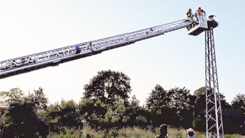 Die Feuerwehr setzte eine Drehleiter ein, um den jungen Storch wieder in sein Nest zu befördern.  © Foto: Feuerwehr Großefehn