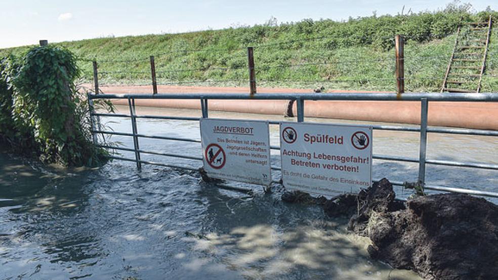 Ein Bild mit Symbolcharakter: Am Sonntagmittag ist der Deich des Spülfeldes gebrochen. Das austretende Schlammwasser überspülte die angrenzende Straße, einen Vorgarten und landwirtschaftliche Flächen. © Foto: Ammermann