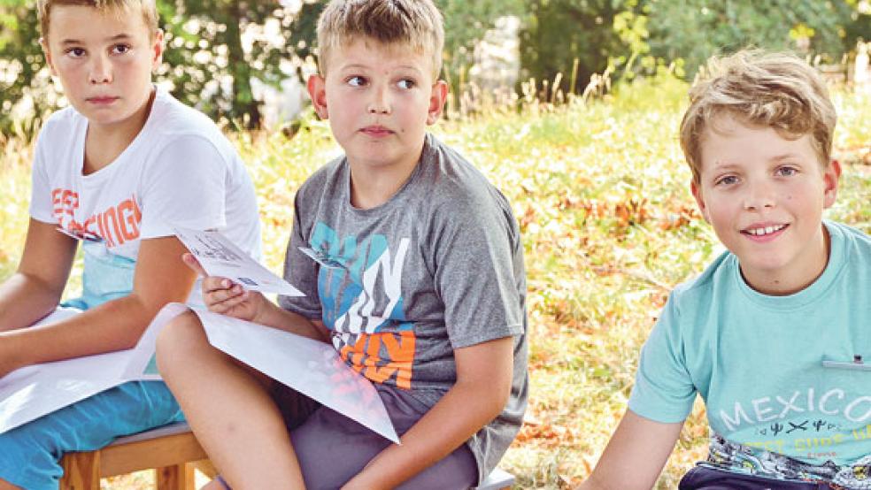 Tammo Nanninga, Henri Stöhr und Anton Krogmann - im Bild von links - haben sich mit dem »rätselhaften Hügel« Plytenberg in Leer beschäftigt.  © Foto: Ammermann