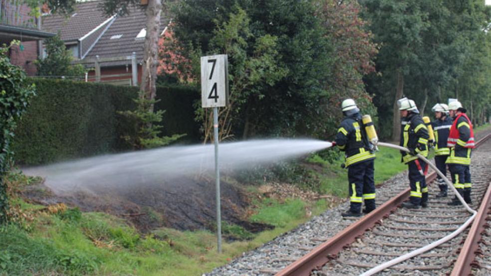 Die Feuerwehrleute konnten den Böschungsbrand am Bahndamm in Weener schnell löschen. © Foto: Rand (Feuerwehr)