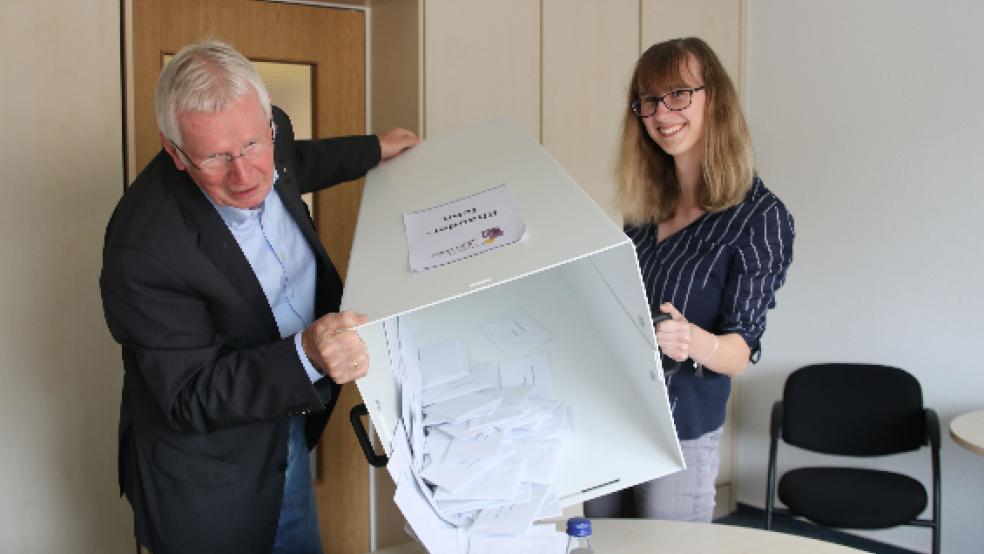 Der Wahlkreisleiter im Sprengel Ostfriesland-Ems, Dr. Gerhard Müller aus Aurich (links), und die Kirchenamtsmitarbeiterin Insa Fritz leerten im Kirchenamt im Hoheellernweg in Leer eine Wahlurne. © Hunger (Kirche)