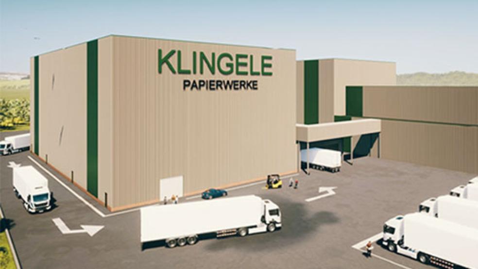 So soll die neue Lagerhalle aussehen, die neben der bestehenden errichtet wird. Links davon wird eine Lärmschutzwand entstehen, um die Beeinträchtigungen für die Anlieger zu minimieren.  © Grafik: Ingenieurbüro Blodkamp