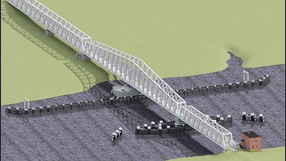 Diese Visualisierung zeigt die geplante Hub-Drehbrücke mit dem 145 Meter langen Drehsegment auf Overledinger Seite des Flusses sowie dem Brückenwärterhaus auf dem Weeneraner Emsdeich (unten rechts). © Visualisierung: ARGE Friesenbrücke
