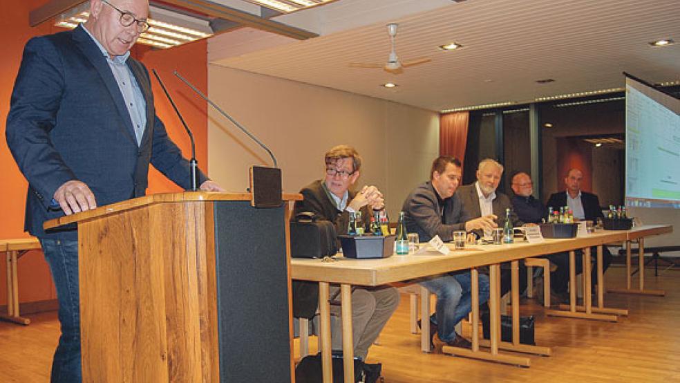 Dialog statt Konflikt: Bürgermeister Hans-Peter Heikens rief in seinem Grußwort zum offenen Austausch auf. Auf dem Podium neben ihm von links Tim Eiler, Düngebehörde Landwirtschaftskammer Niedersachsen, der FDP-Bundestagsabgeordnete Gero Hocker, Arnold Venema als Vorsitzender des FDP-Ortsverbandes Rheiderland, Georg Keckl, er bezeichnet sich als Agrarstatistiker, und Manfred Tannen, Präsident des Ostfriesischen Landvolks. © Fotos: Hoegen