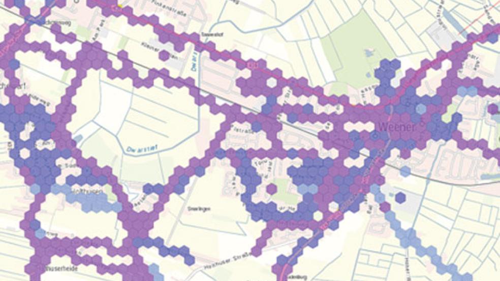 Ein Blick auf einen Teil des Stadtgebietes von Weener: Die Netzabdeckung reicht von 2G bis 4G. © Screenshots: Boelmann