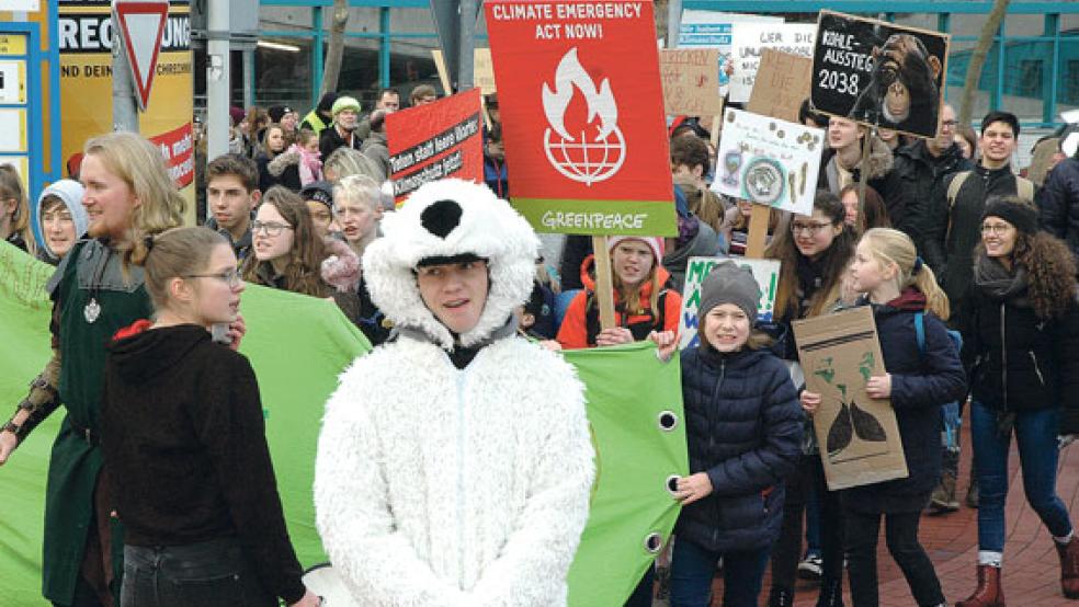Im Eisbär-Kostüm ging der 17-jährige Janik Spieker aus Rhauderfehn heute voran, ihm folgten rund 300 Demonstranten auf dem Protestzug durch die Leeraner Innenstadt. In Redebeiträgen auf einer Abschlusskundgebung vor dem Zollhaus wurden wirksame Klimaschutz-Maßnahmen eingefordert. © Foto: Szyska