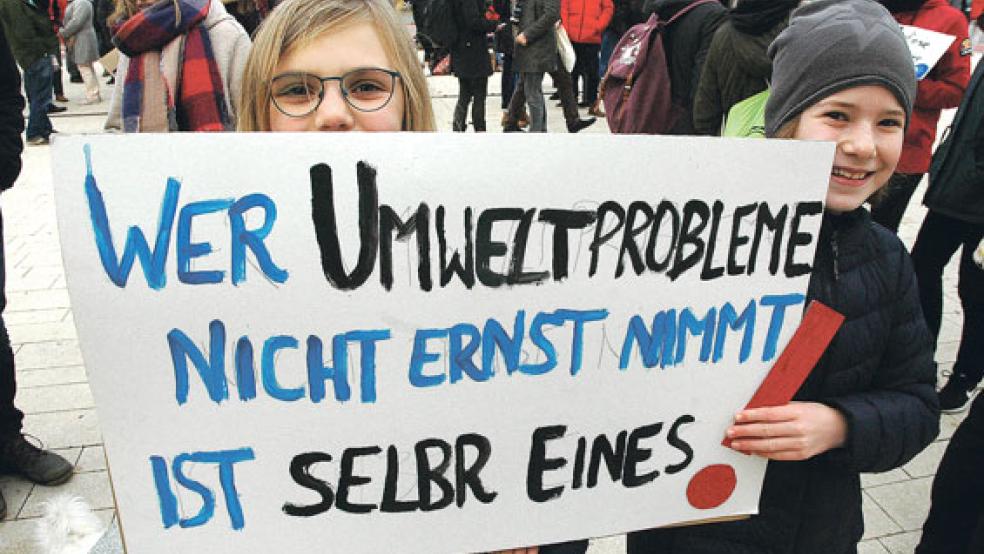 Kreative Plakate: Die Klima-Aktivisten trugen gestern in Leer einen vielfältigen Protest auf die Straße. Im kommenden Jahr sollen die Demonstrationen fortgesetzt werden. © Foto: Szyska