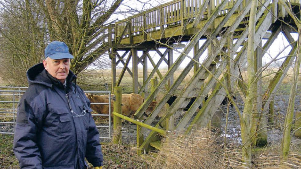Für den Naturschutzbund kümmert sich Hermann Busemann aus Coldam um das Beweidungsprojekt. Die abgängige Holzbrücke mit Aussichtsplattform am Sperberweg soll in den kommenden Monaten erneuert werden. © Foto: Szyska