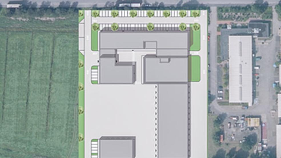 Der Gebäudekomplex soll nicht nur die Feuwehrtechnische Zentrale des Landkreises Leer beherbergen sondern auch das Tierseuchenzentrum und das gesamte Veterinäramt des Landkreises. © Foto: ALKIS-Daten LGLN
